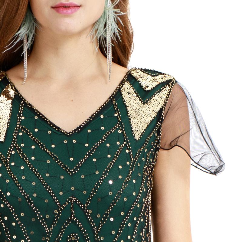 Green 1920s V Neck Sequined Long Flapper Dress
