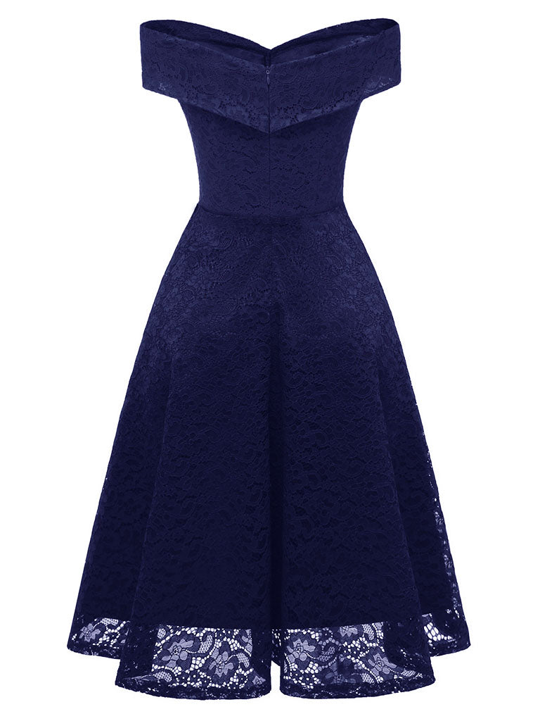 Navy Short Sleeve Off the Shoulder A line Vintage Party Dress