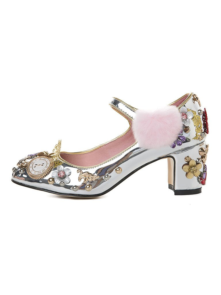9.5CM Luxury Pompom Chunky Heels Retro Shoes