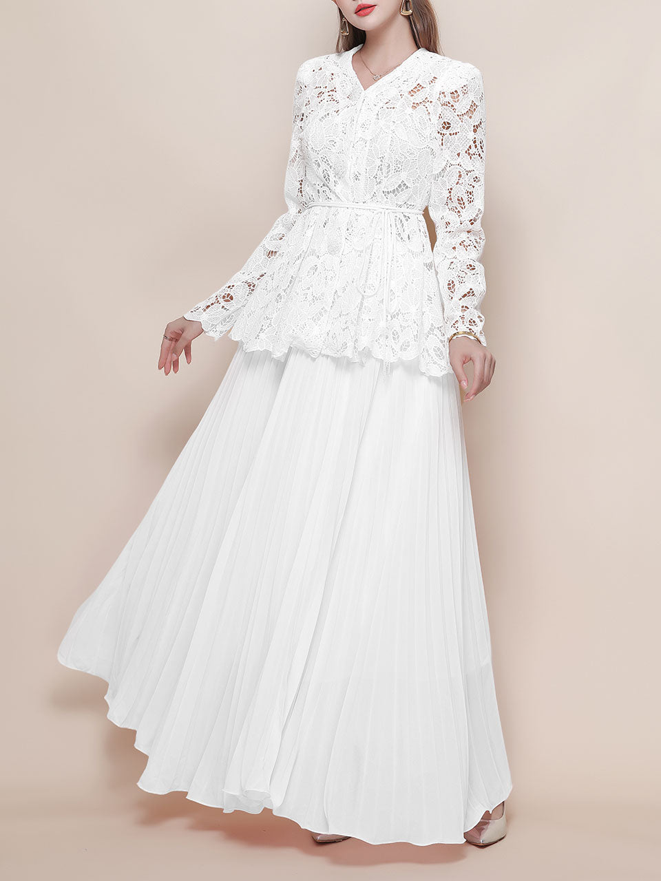 Baby Blue V Neck Long-Sleeve Lace Blouse