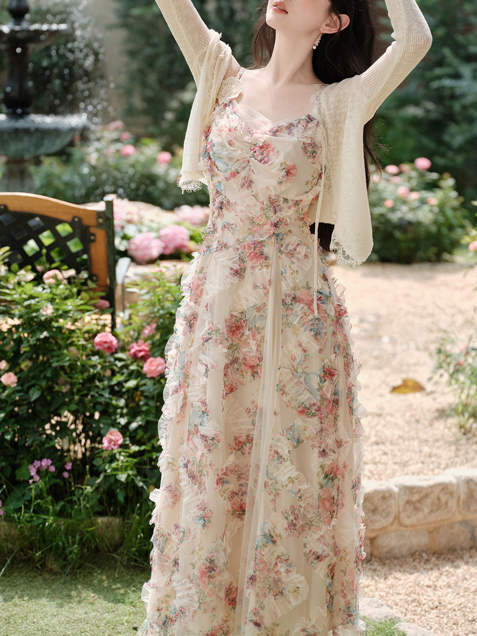 2PS Pink Spaghetti Strap Floral Mesh Ruffles Fairycore Dress