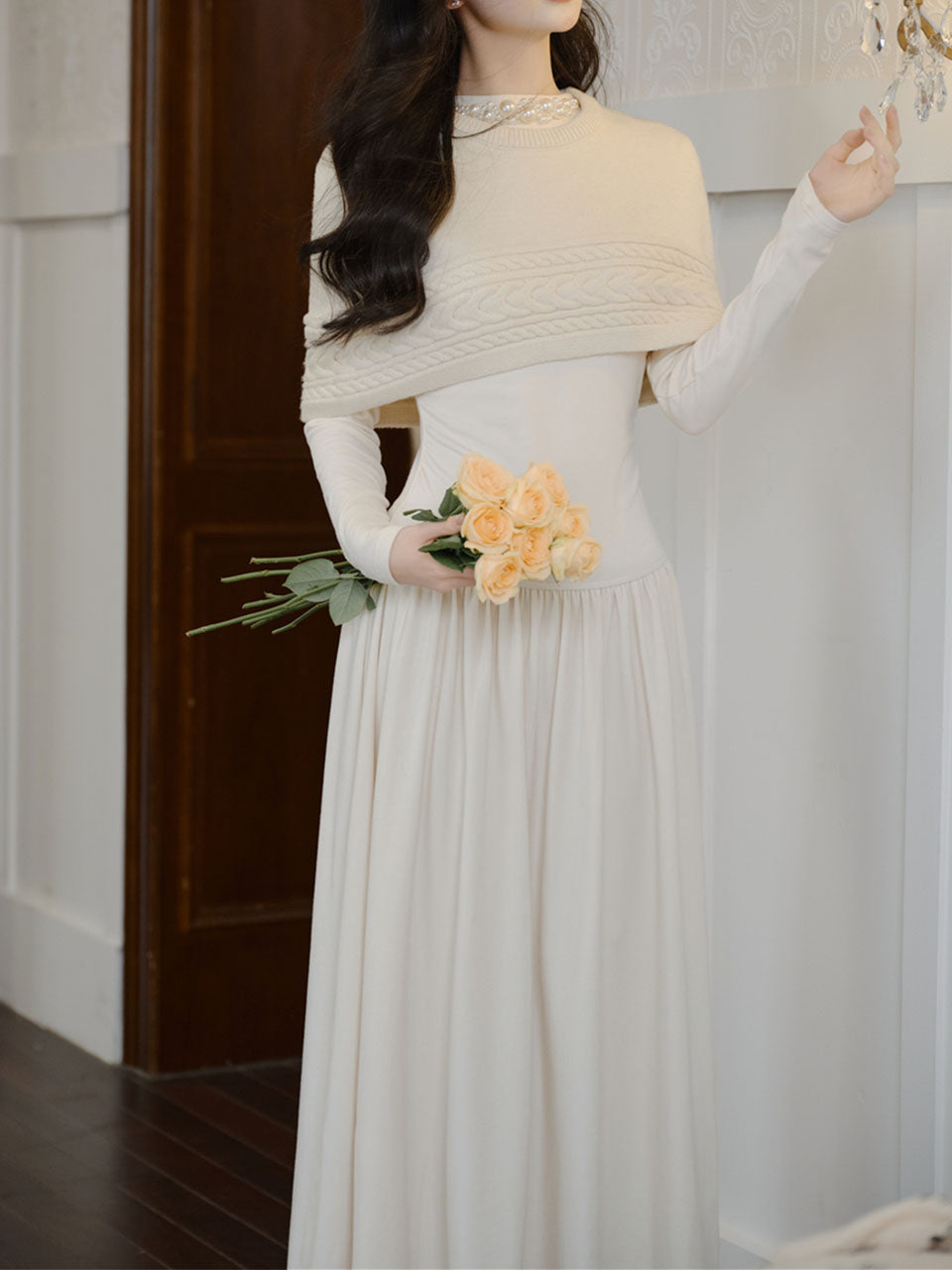White Two-Piece Set Pearl Beaded Long Sleeve Dress