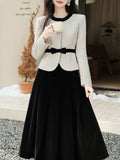 White Crew Neck Tweed Coat and Black Skirt Vintage Set