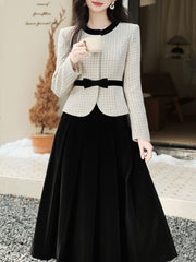 White Crew Neck Tweed Coat and Black Skirt Vintage Set