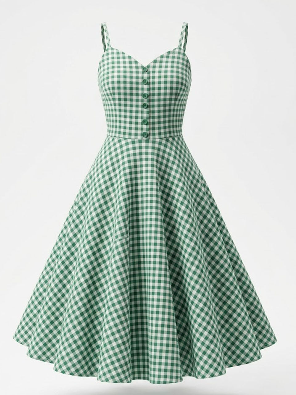 1950s Green Gingham Button Front Spaghetti Strap Swing Summer Picnic Dress