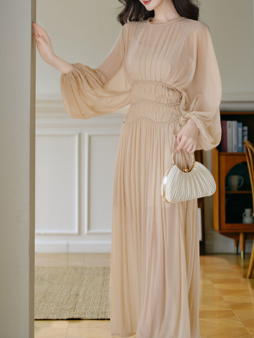Nude Puff Long Sleeve Pleated Vintage Maxi Dress