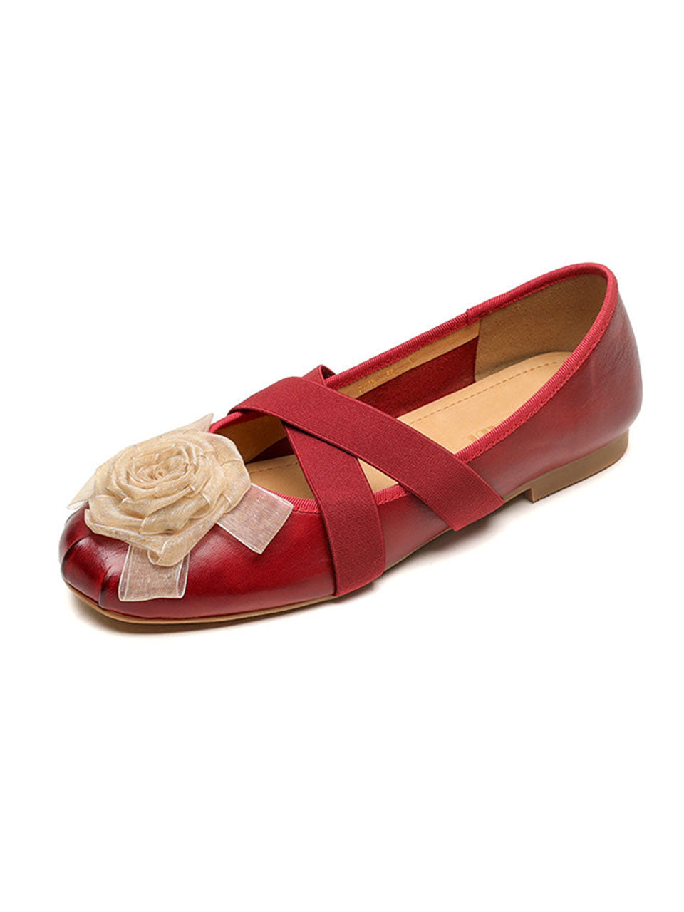 Purple Handmade Floral Washed Leather Cross Elastic Mary Jane Flat Heel Shoes