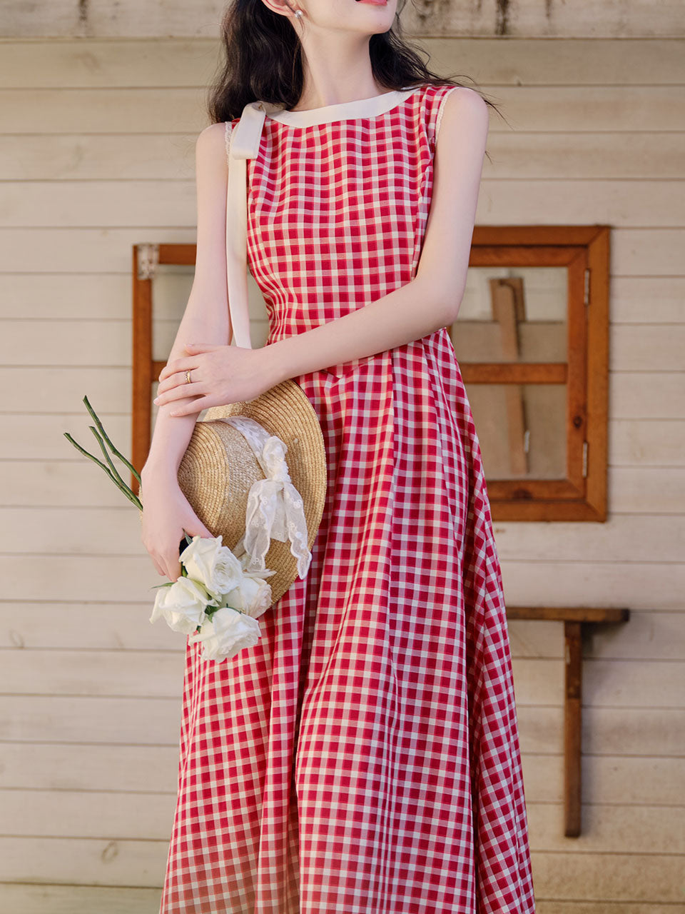 Red Plaid Print Sleeveless 1950S Vintage Dress