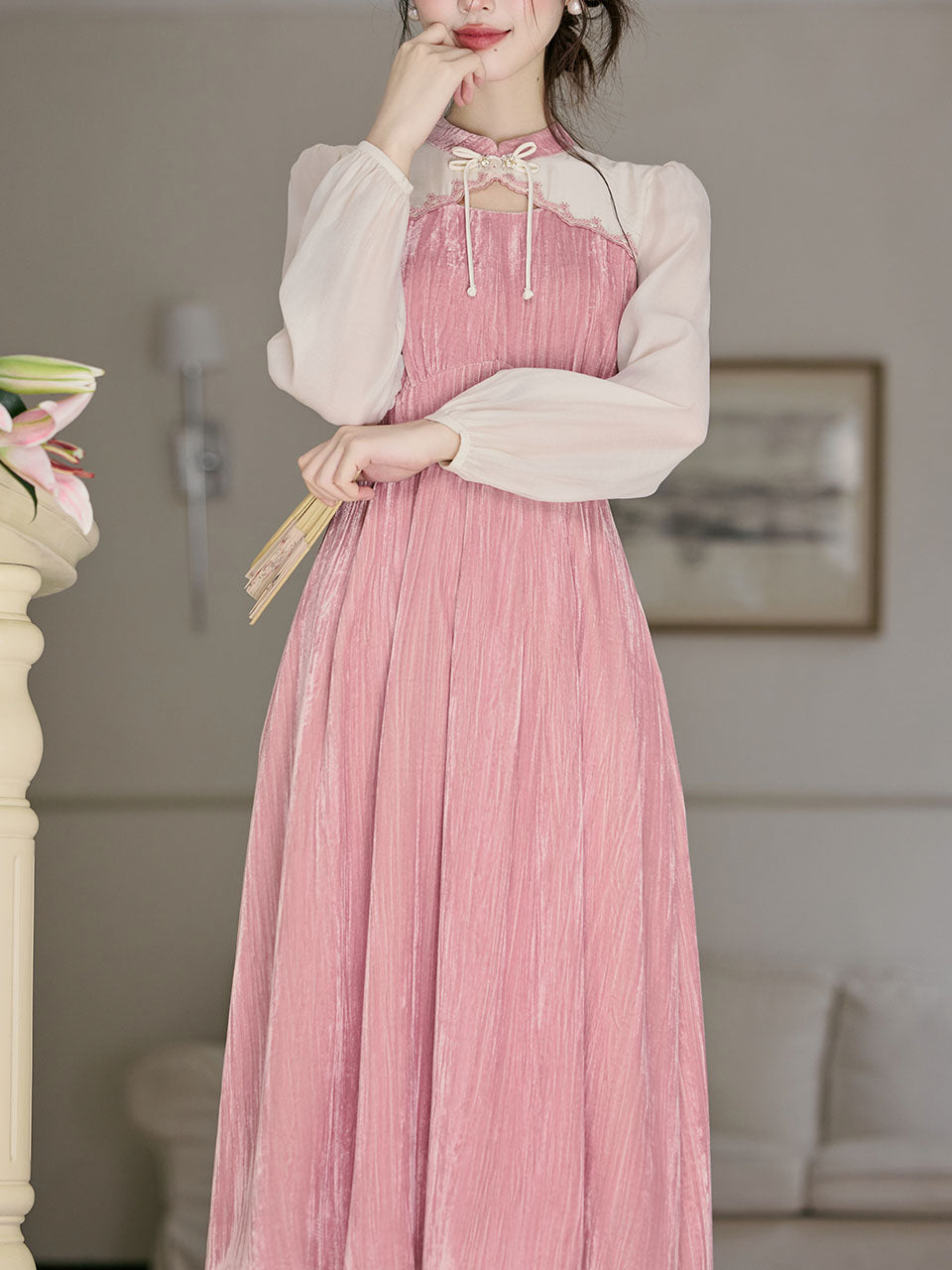 White Tulle Long Sleeve Pink Velvet Vintage Dress