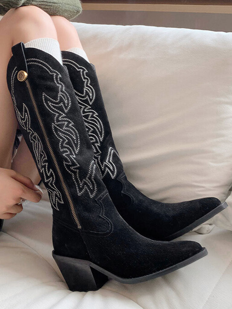 Boots Pointed Toe Chunky Heel Bohemian Embroidery Suede Knee High Boots