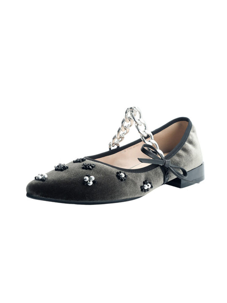 Flat Heel Pointed Toe Hollow Belt Velvet Pearl Vintage Shoes