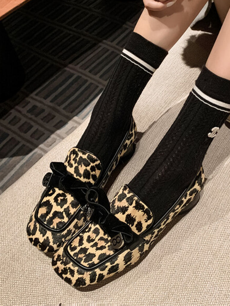 Flat Heel Leopard Square Toe Loafer Vintage Shoes