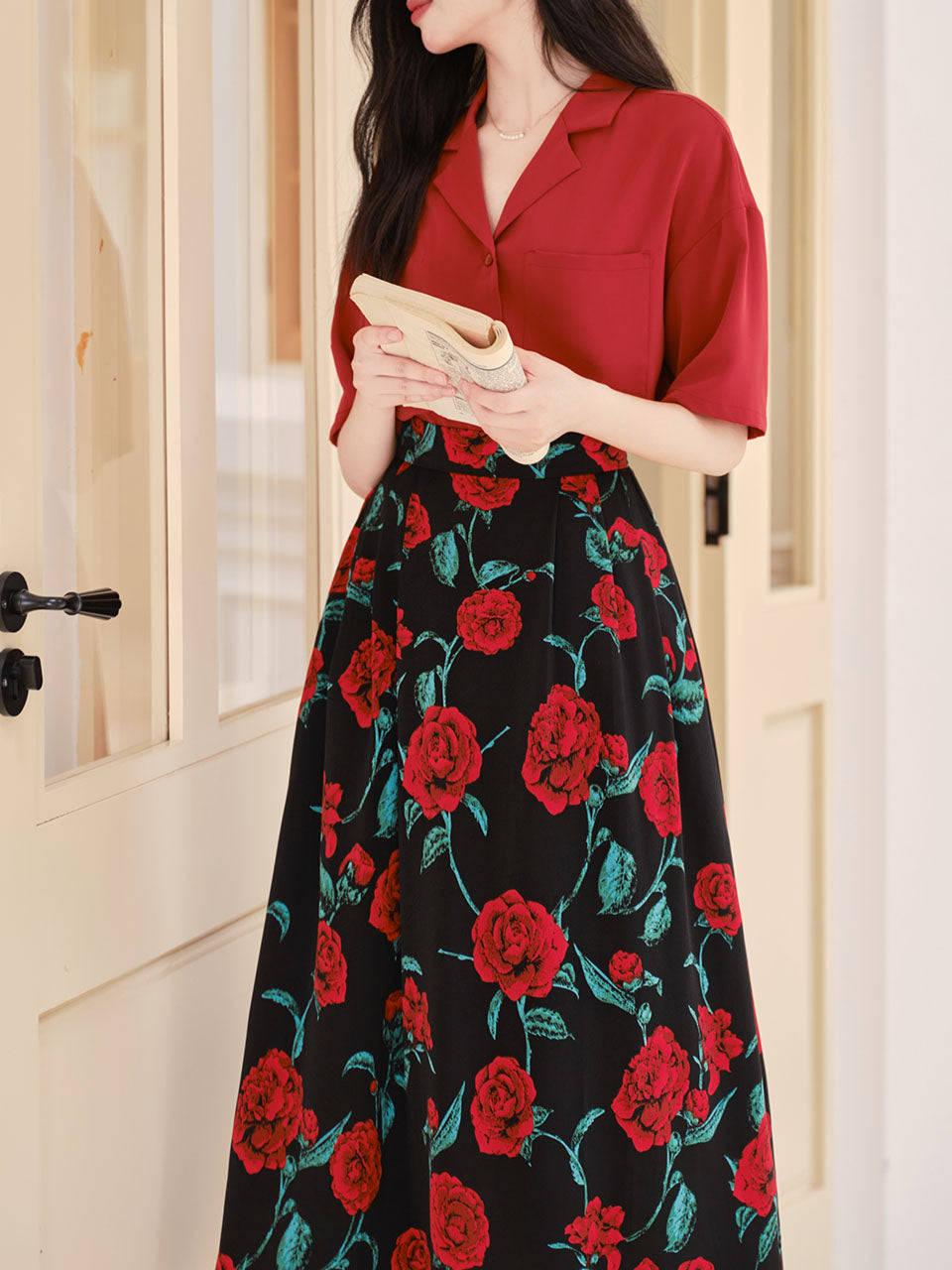 2PS Red Casual Shirt and High Waist Rose Print Skirt Outfit