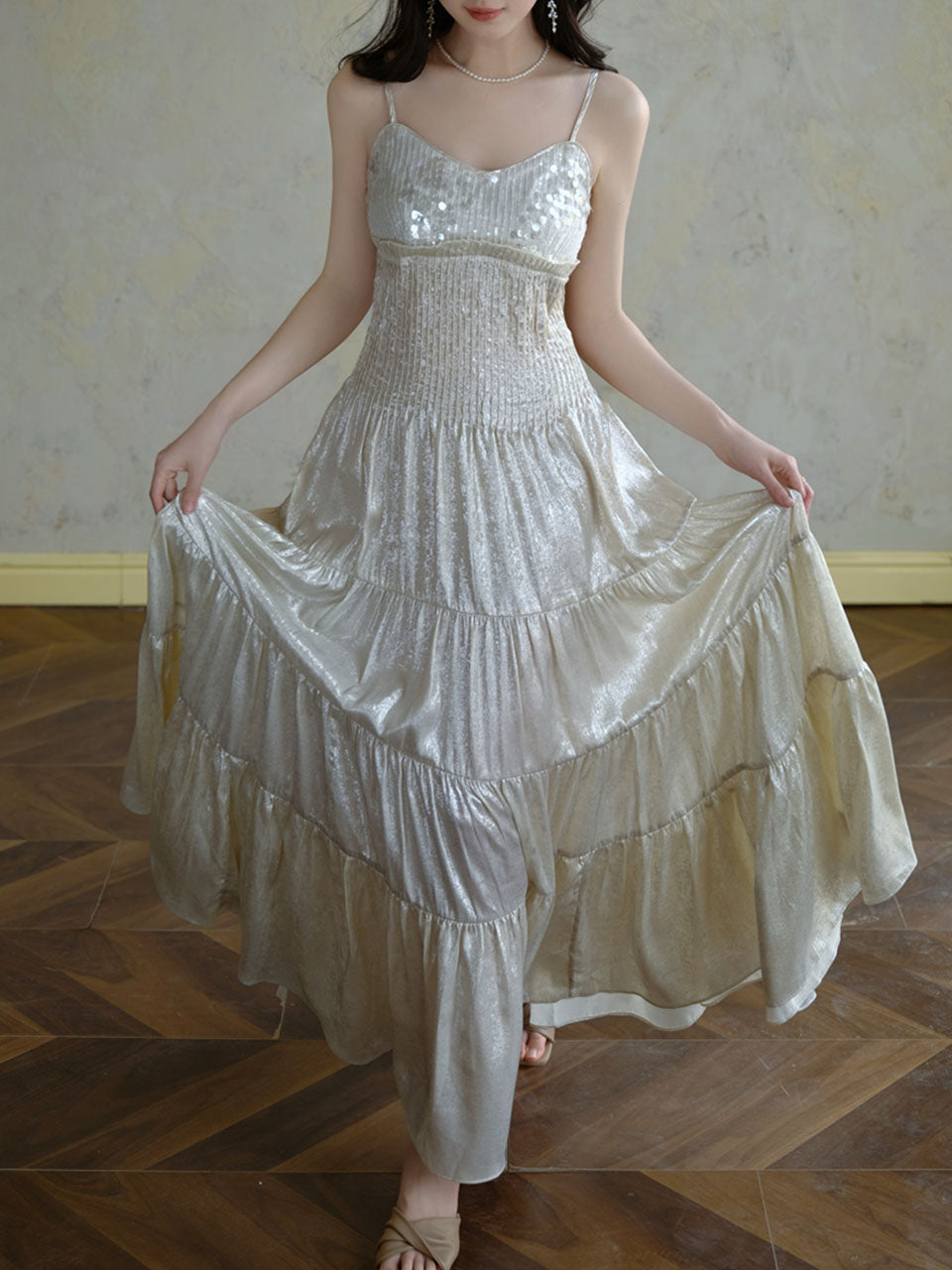 Silver Shiny Embroidered Beads Vintage Dress
