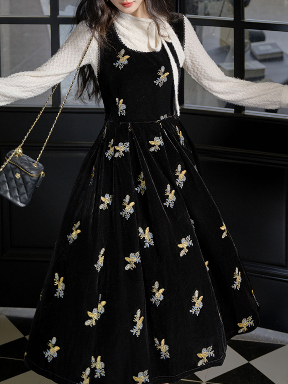 Two-Piece Set White Brushed-Lace Sweater and Black Floral Embroidered Velvet Dress