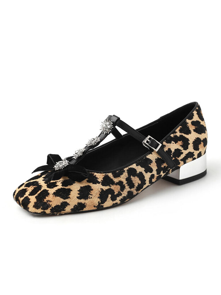 Flat Heel Leopard Square Toe T-strap Rhinestone Vintage Shoes