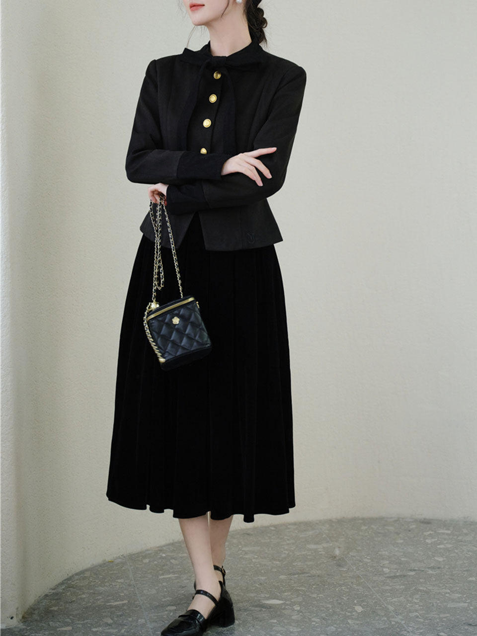 Black Bowknot Collar Gold Buttons Winter Coat and Black Skirt Vintage Set