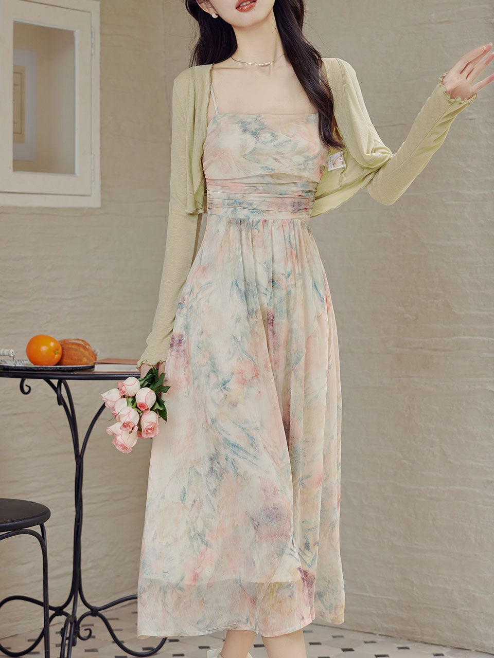 2PS Light Pink Floral Print Spaghetti Strap Dress