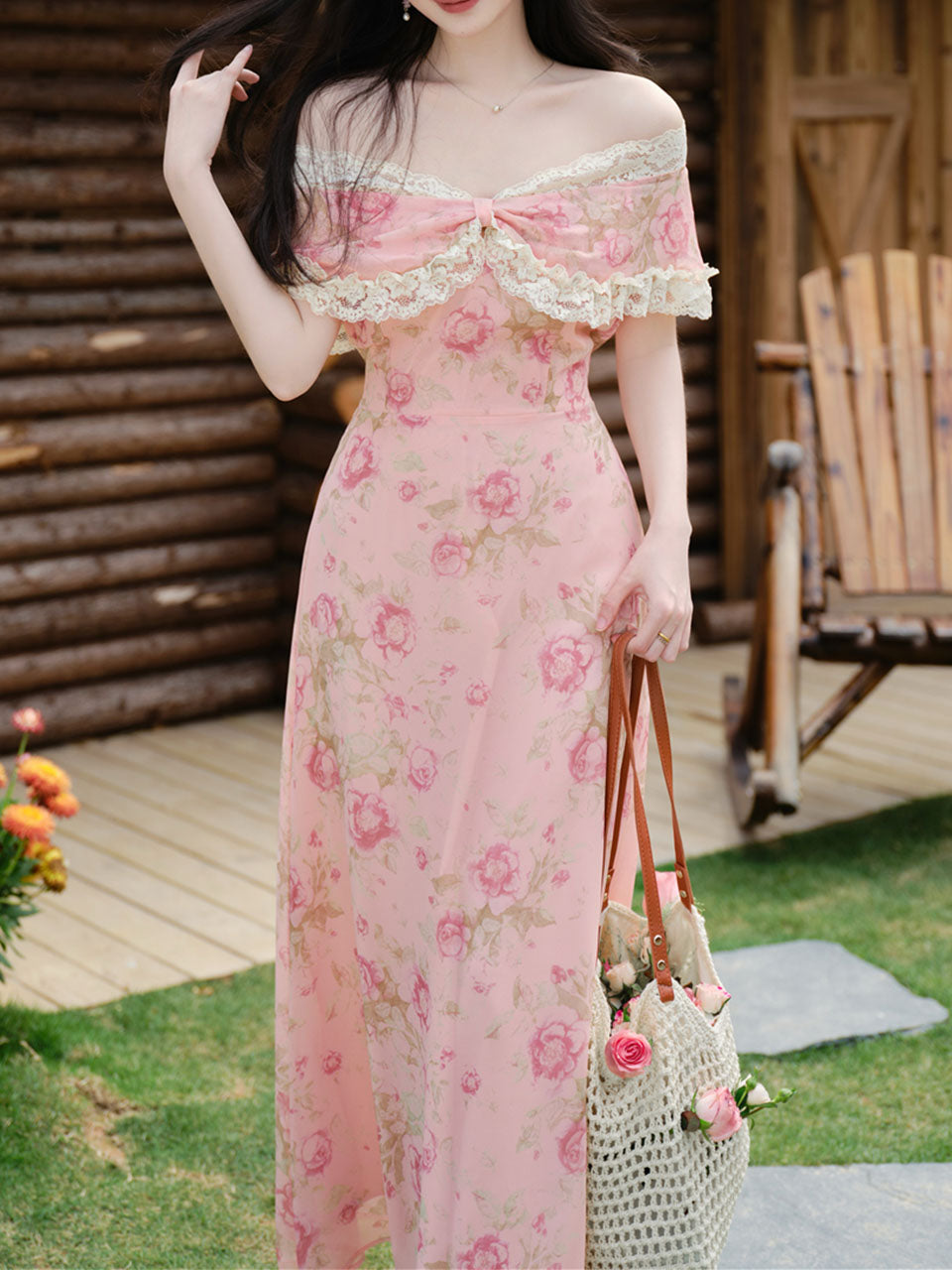 Pink Floral Rose Off Shoulder Lace Georgette Dress