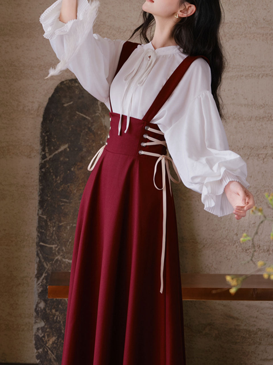2PS White Long Sleeve Blouse And Red Supender Skirt Dress Set