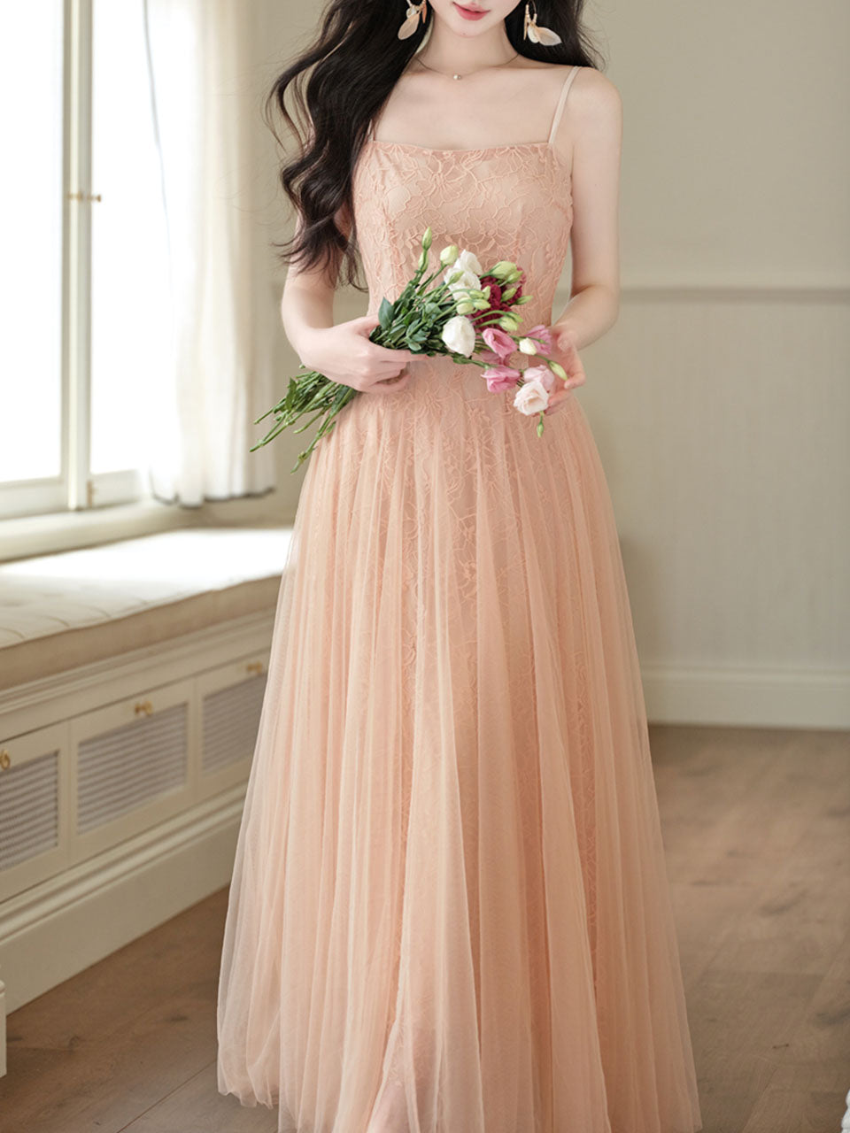 Balletcore Style Pink Mesh Flared Spaghetti Strap Maxi Dress