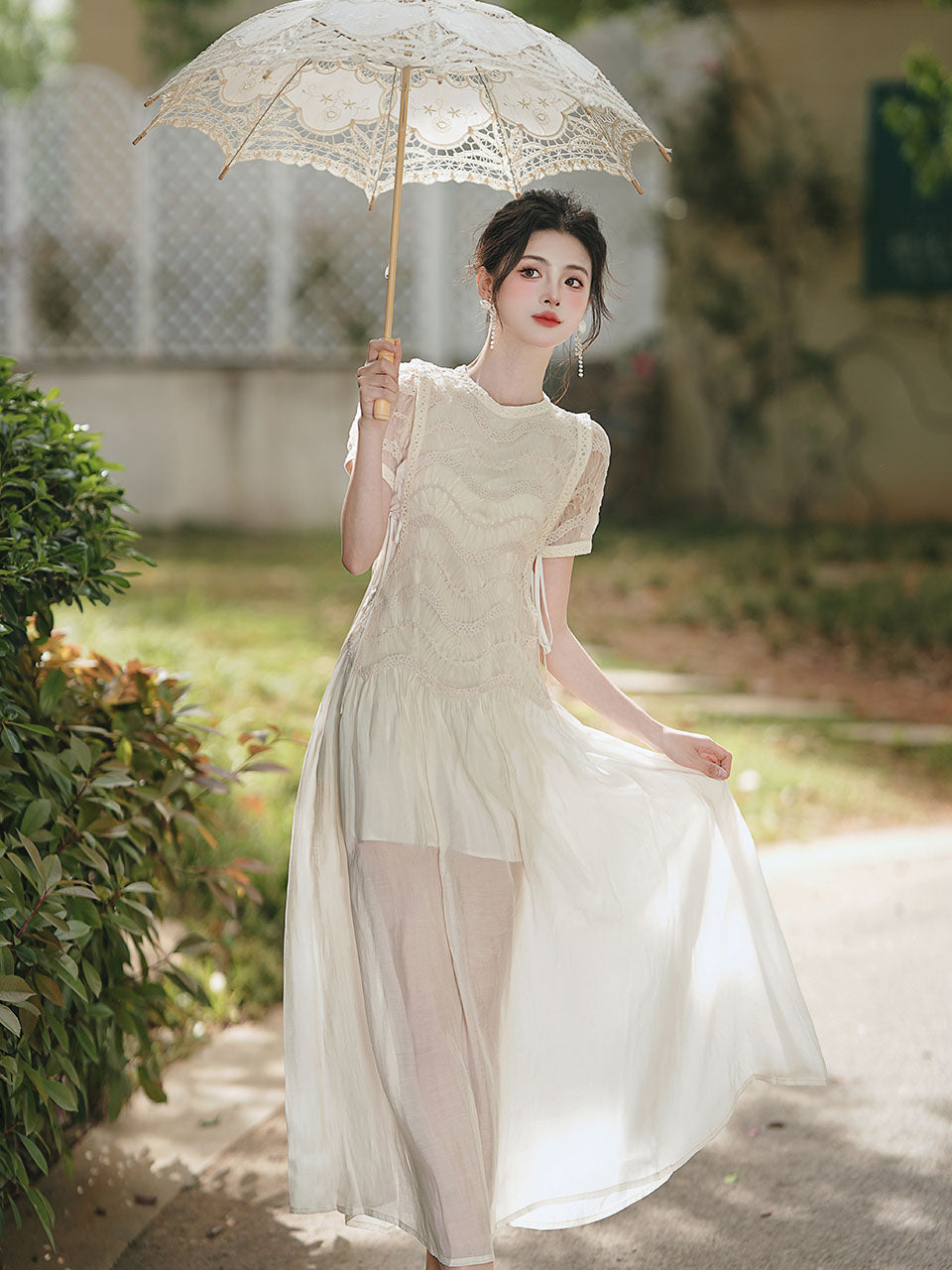 Cream Vintage Victorian Lace Maxi Dress
