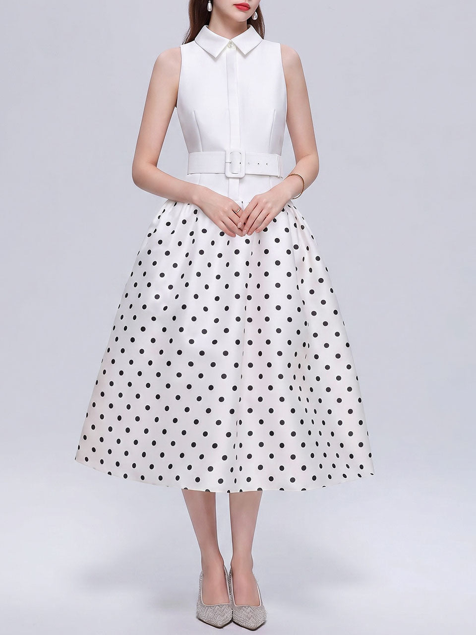 White Polka Dot Sleeveless Shirt Dress