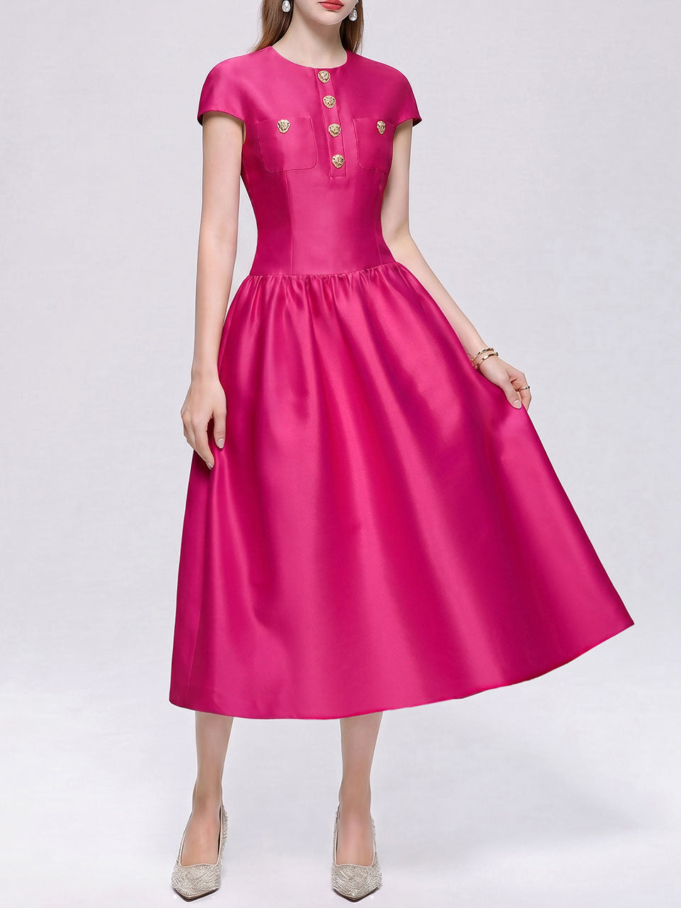 Fuchsia Satin Cap Sleeve Cocktail Midi Dress