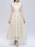 Beige Embroidered Lace Collared Shirt Dress