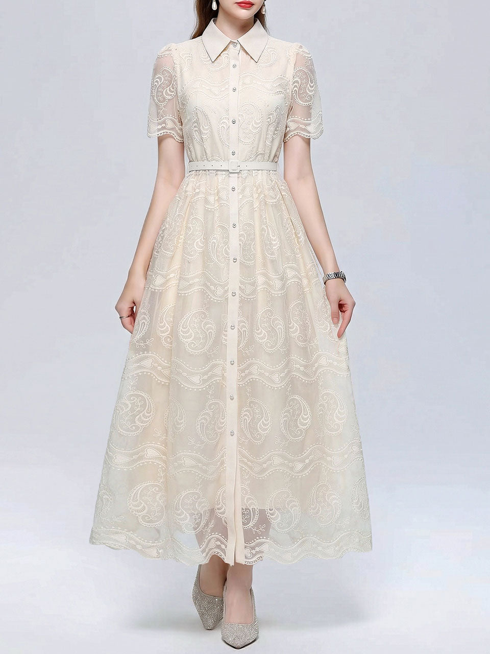 Beige Embroidered Lace Collared Shirt Dress
