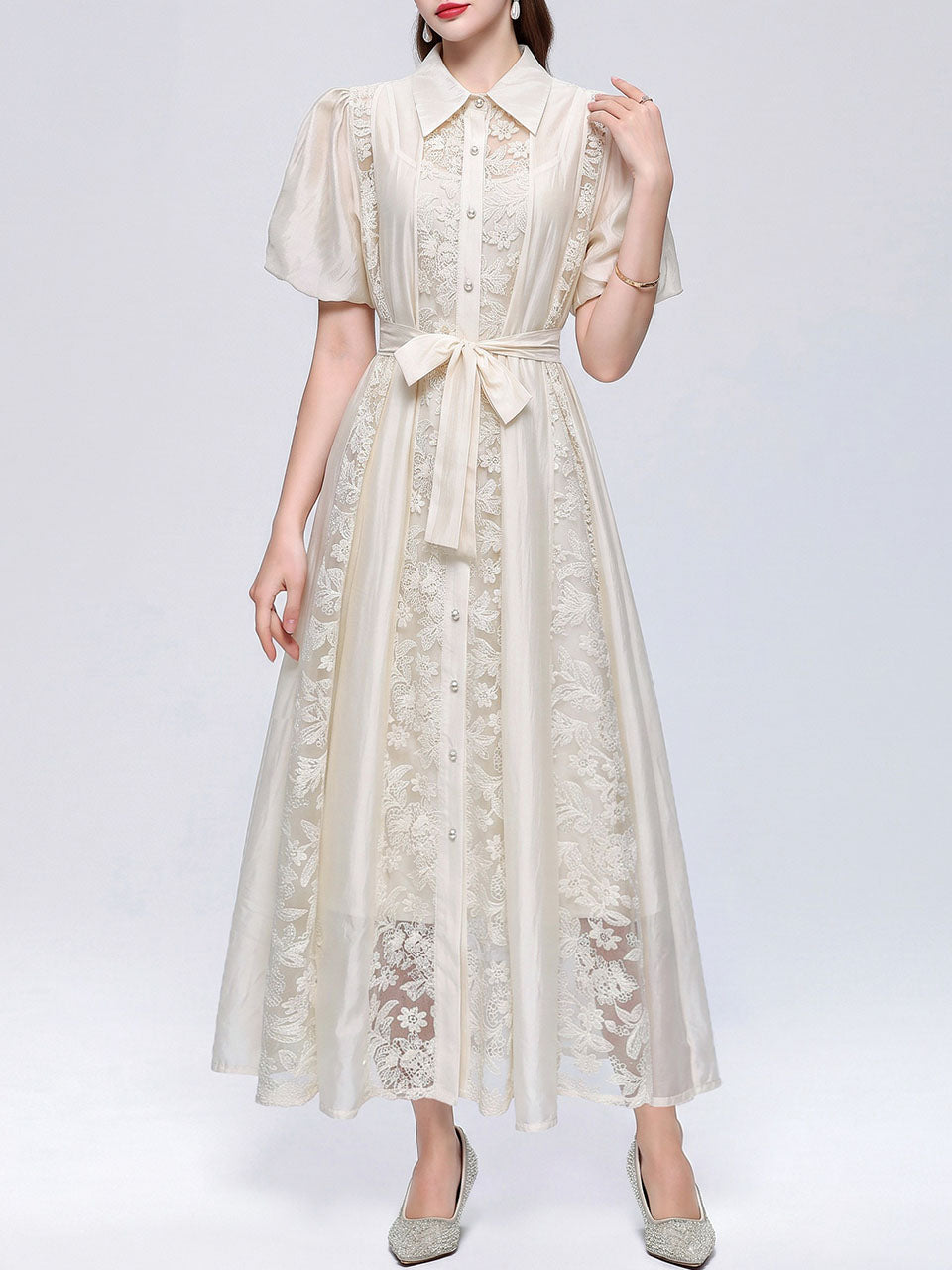 Pink Floral Lace Puff Short Sleeves A-Line Midi  Shirt Dress