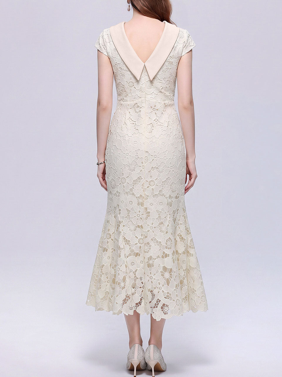 Cream Lace Mermaid Cowl Neck Midi Dress for Wedding