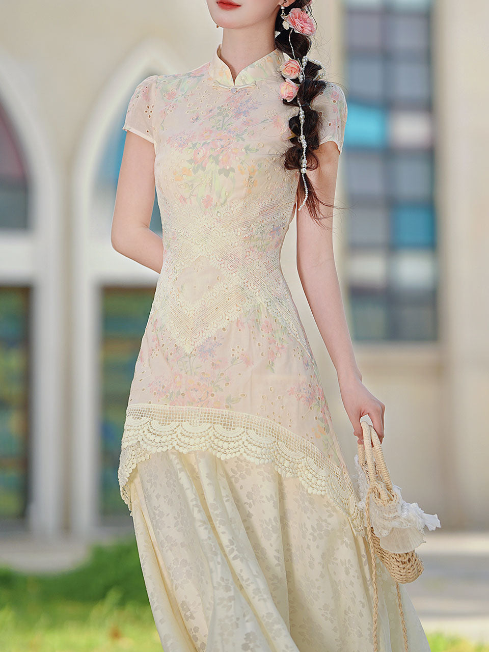 Pink Pastel Floral Lace Cheongsam Dress