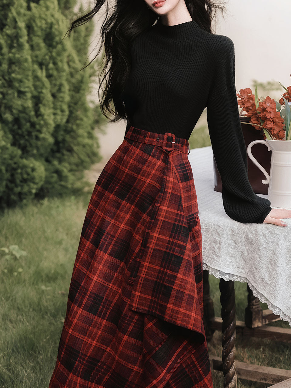 2PS Black Sweater And Red Plaid Swing Skirt 1950S Vintage Audrey Hepburn's Style Outfits