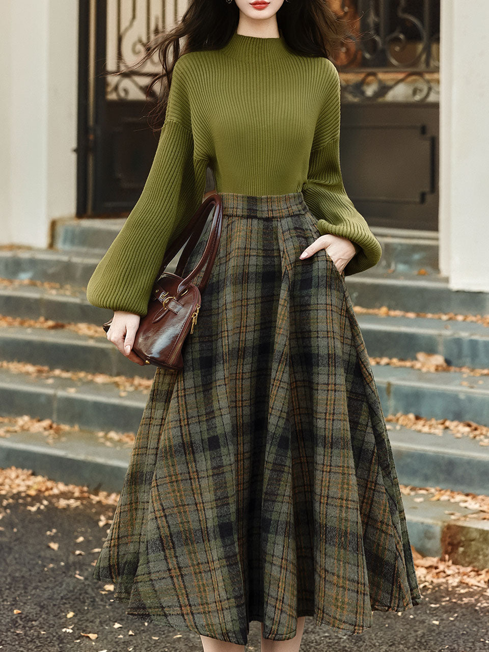 2PS Green Sweater And Plaid Swing Skirt 1950S Vintage Audrey Hepburn's Style Outfits