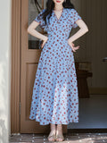 Blue V Neck Floral Print Vintage Dress