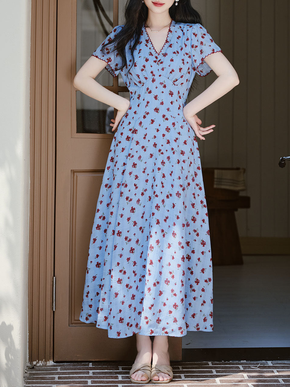 Blue V Neck Floral Print Vintage Dress