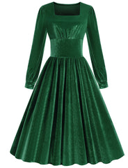 Christmas Green Square Collar Long Sleeve Velvet 1950S Vintage Swing Dress