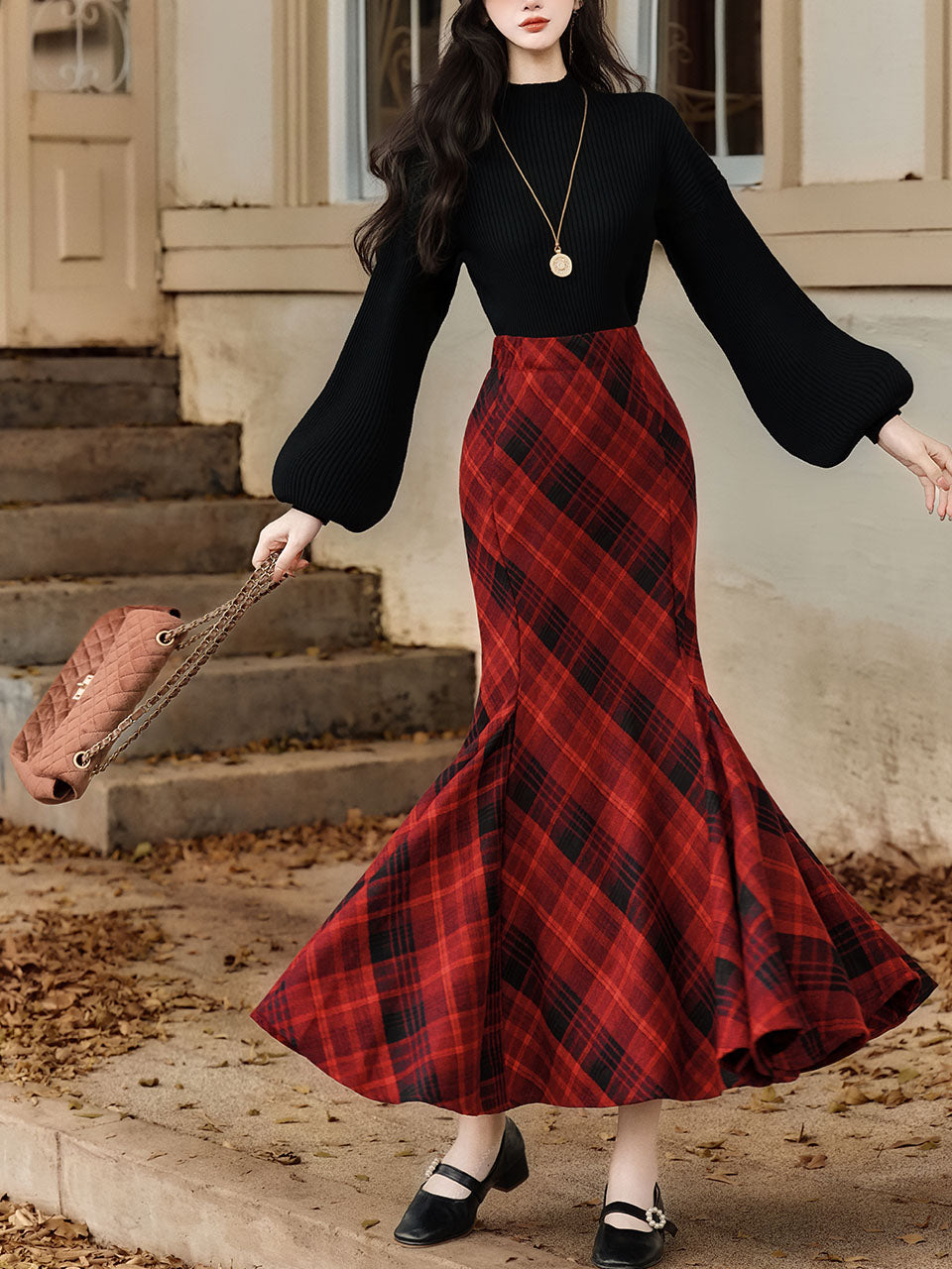 2PS Black Sweater And Red Plaid Fishtail Skirt 1950S Vintage Audrey Hepburn's Style Outfits