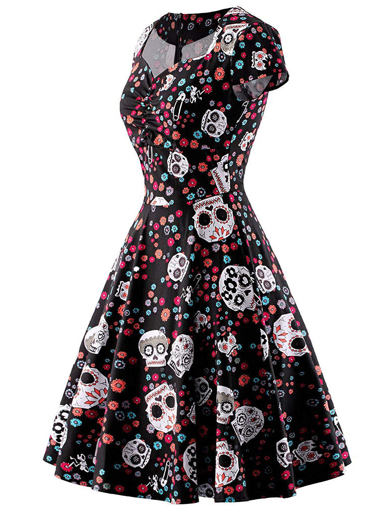 Halloween Red Skull Printed V Neck Vintage Dress