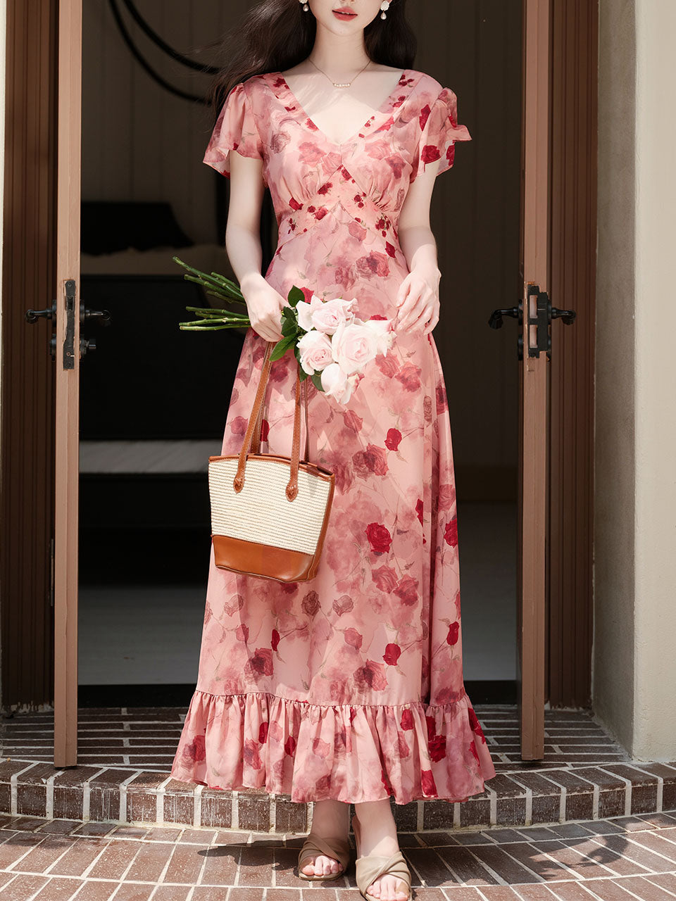 Pink V Neck Rose Print Vintage Dress