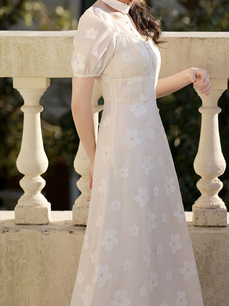 White Daisy Pearl Puff Sleeves 50S Vintage Dress