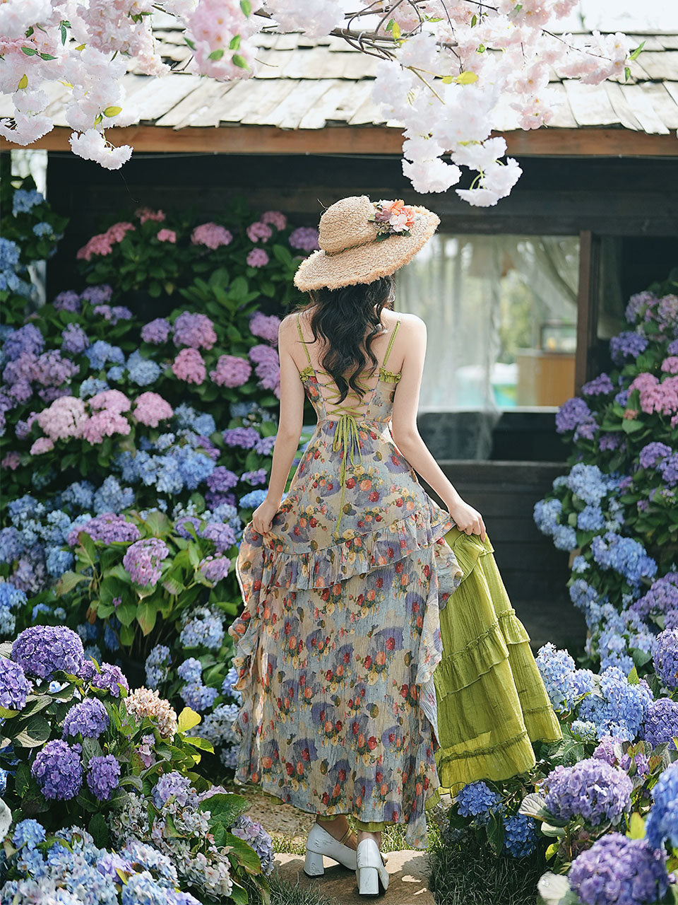 2PS Boho Gypsy Floral Asymmetrical Maxi Dress Whimsical Green Crinkled Tiered Ruffle Dress for Festival