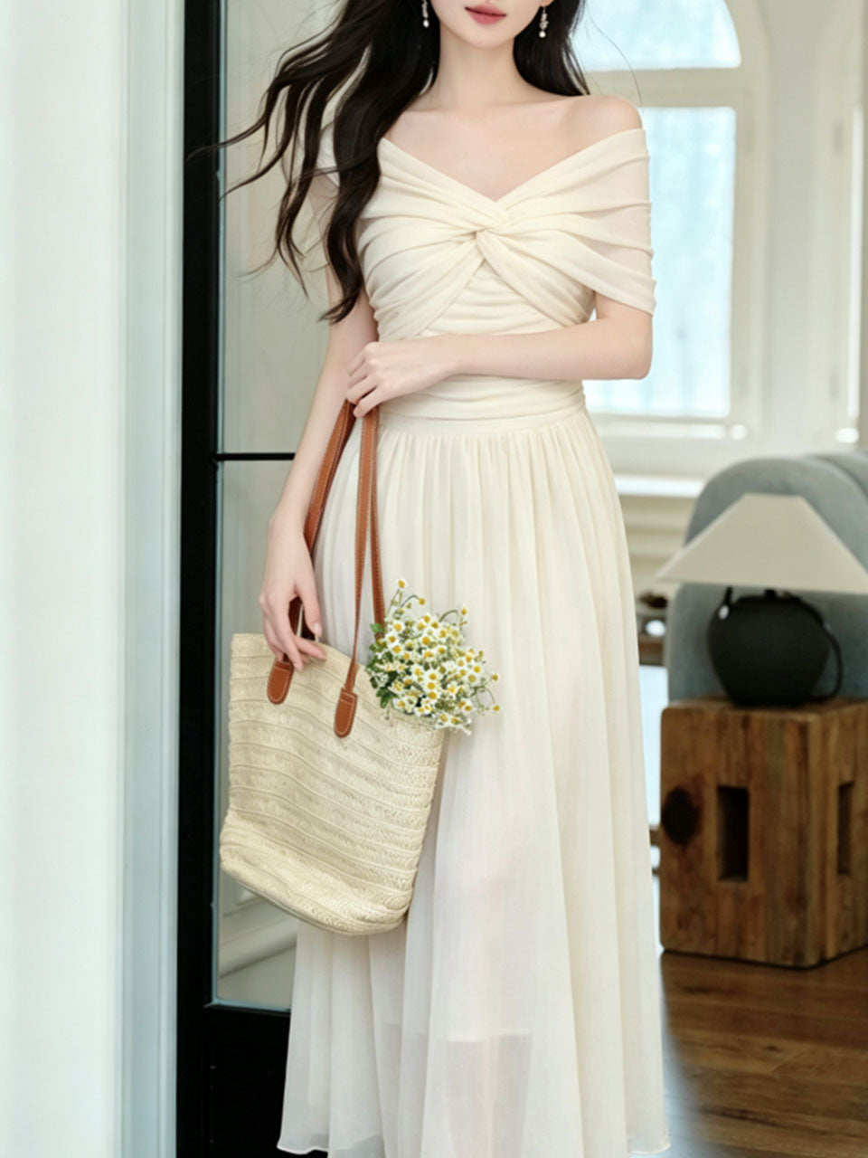 White Off Shoulder Sweetheart Vintage Wedding Maxi Dress