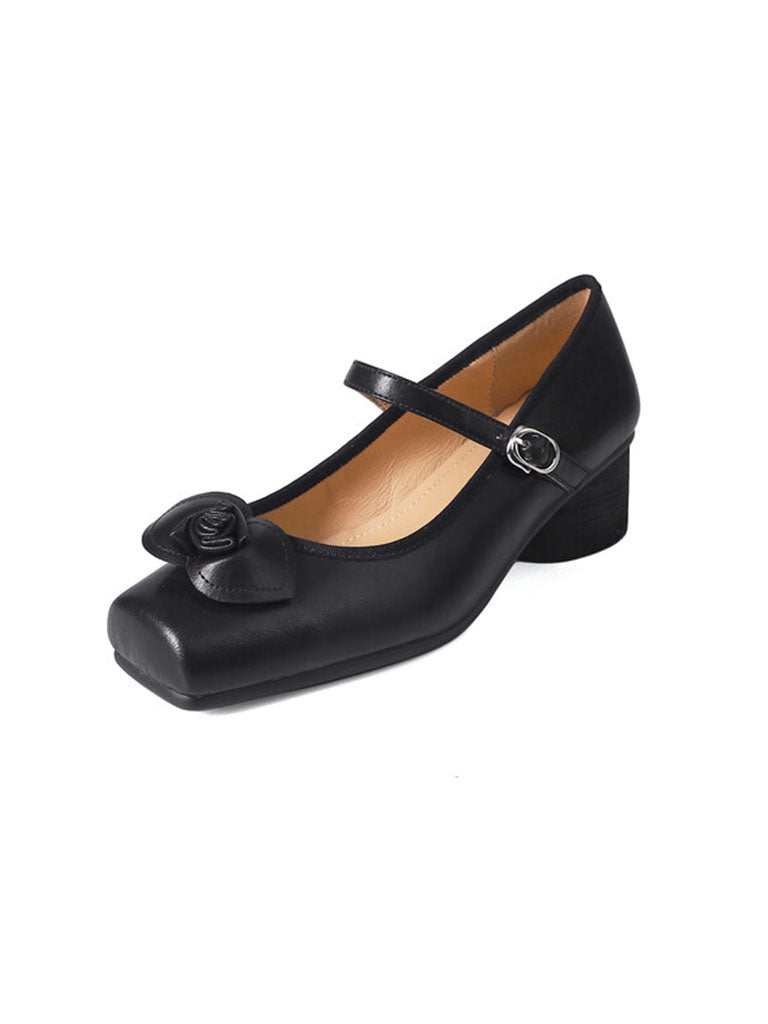 Chunky Heels Square Toe Rose Vintage Ballerina Shoes