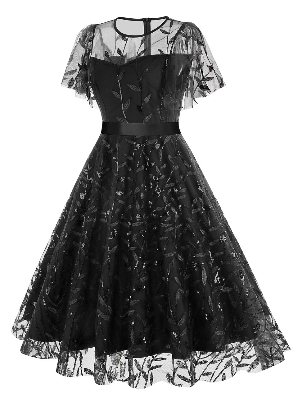 Baby Grey Semi Mesh Leaf Sequins Embroidered Short Sleeve 1950S Swing Dress