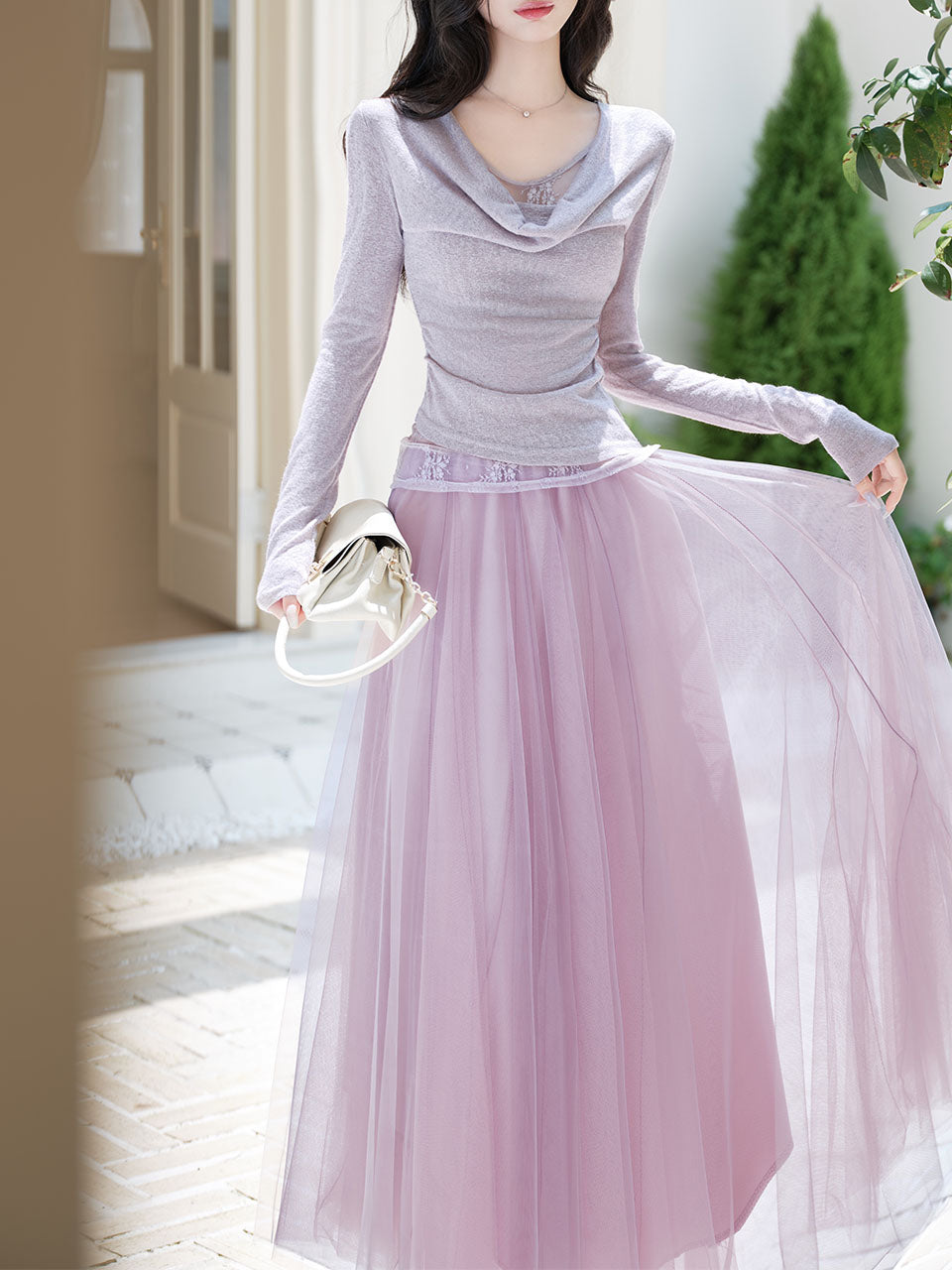 2PS Purple Lace Long Sleeve T-shirt And Purple Swing Tulle Skirt Suits