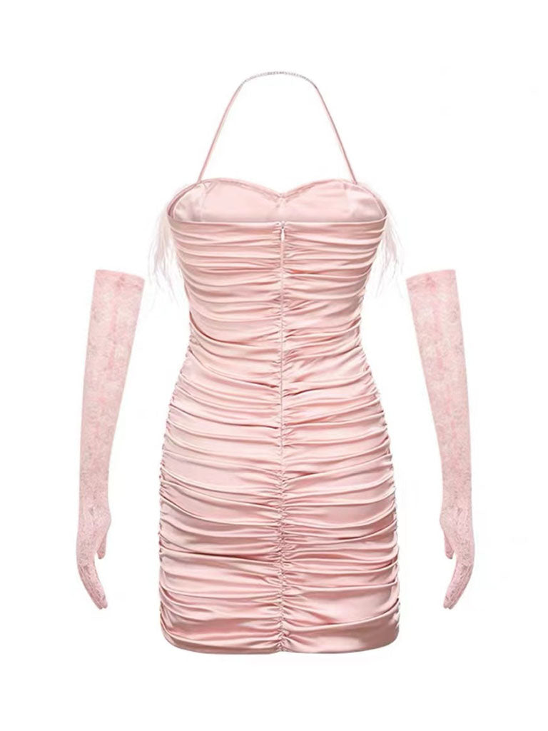 Pink Spaghetti Strap Feather Satin Pleated Gown Party Dress