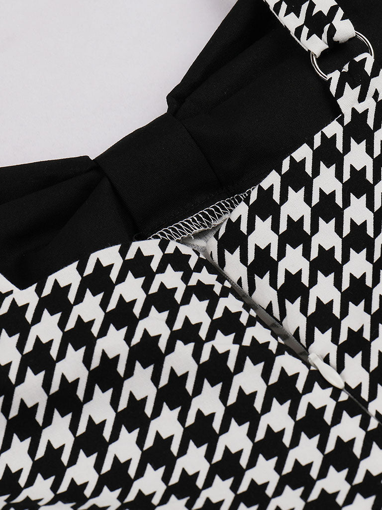 Black Houndstooth Print Spaghetti Strap 1950S Vintage Swing Dress