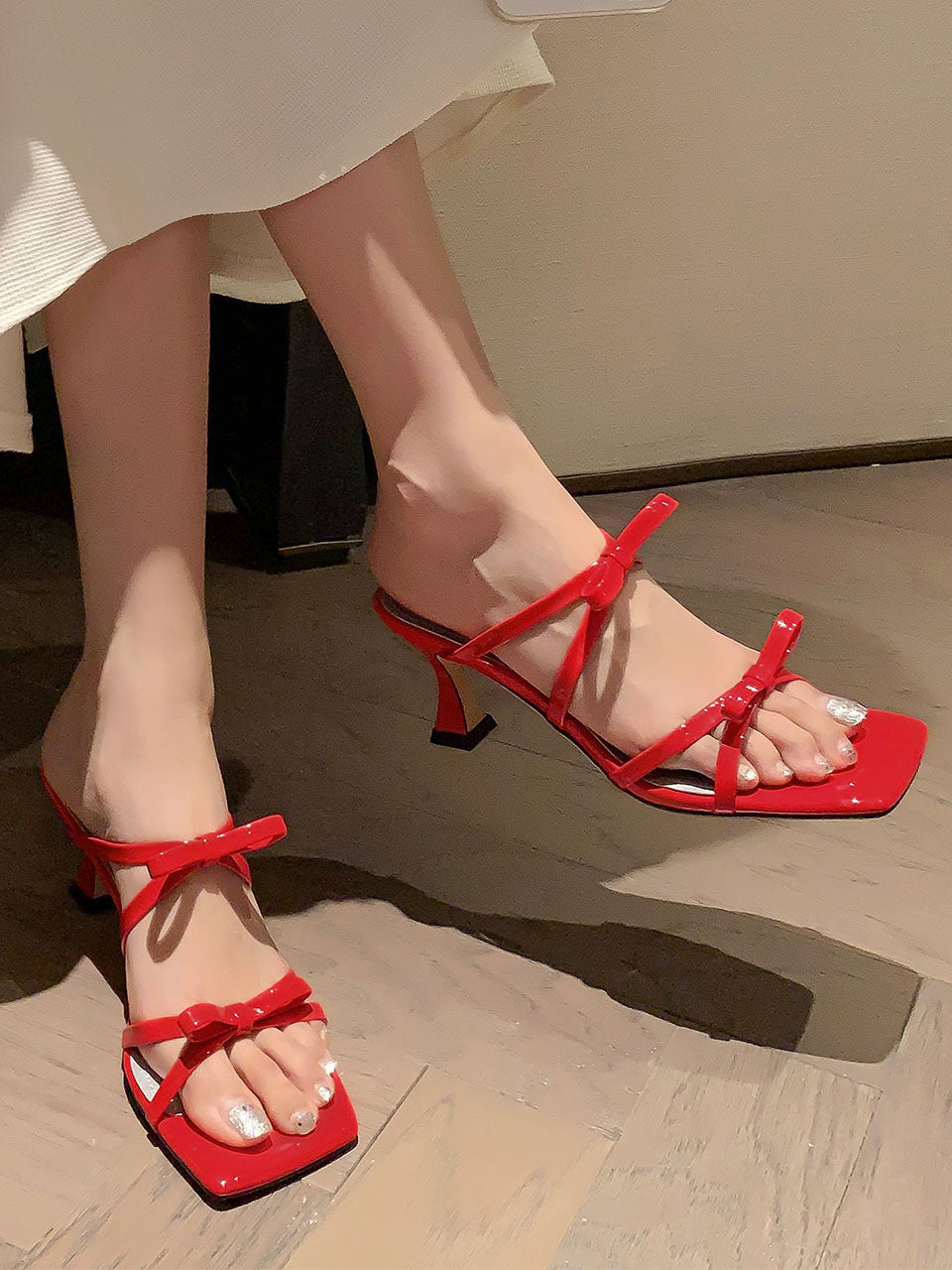 Low Heel Sandals Square Toe Bow Strap Leather Vintage Shoes